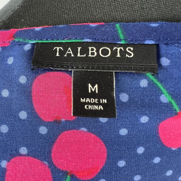 TALBOTS Blue Red Cherry Print Boat Neck 3/4 Sleeve Shift Dress Swim Cover Up M - Picture 6 of 7